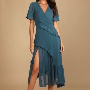 Brand new Lulus slate blue ruffled midi dress